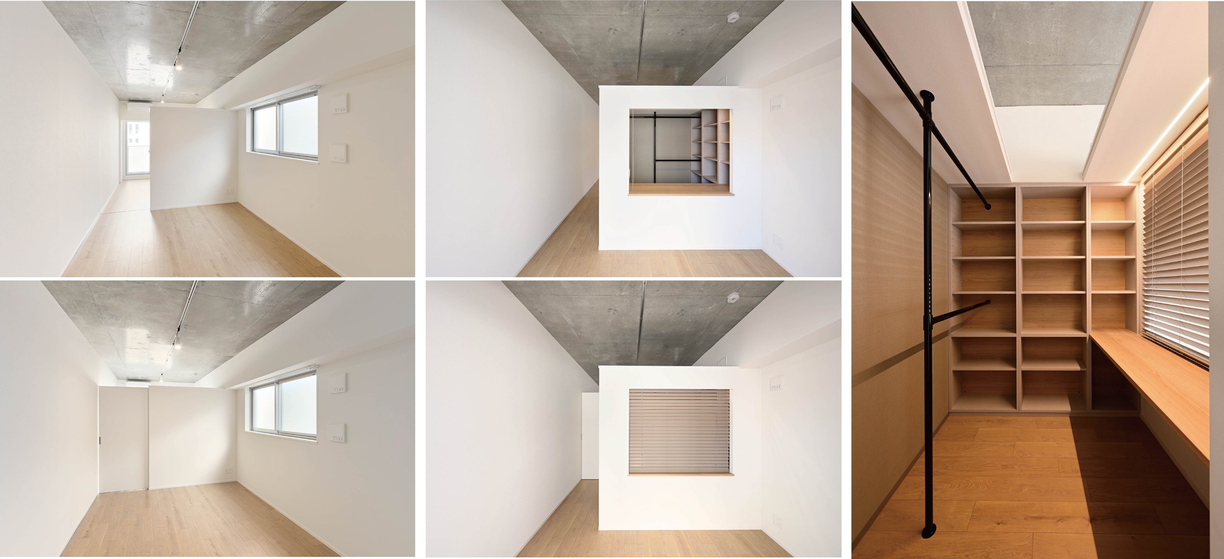 左から）収納スペースに格納された引戸の開閉により、一体空間をゆるく仕切ることが可能／ワーク・イン・クローゼットには木ブラインド付の開口があり、採光の調整が可能／”ワーク・イン・クローゼット”の内観