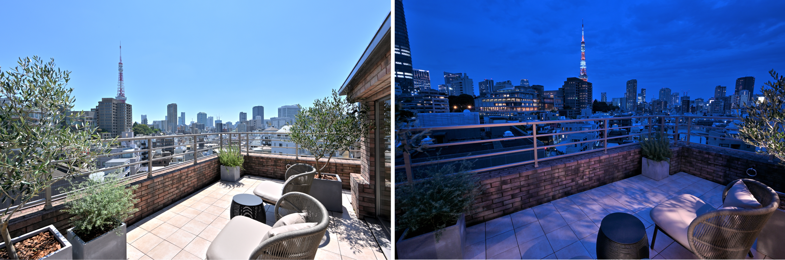 約40m²の大型ルーフバルコニーからの眺望（昼夜）