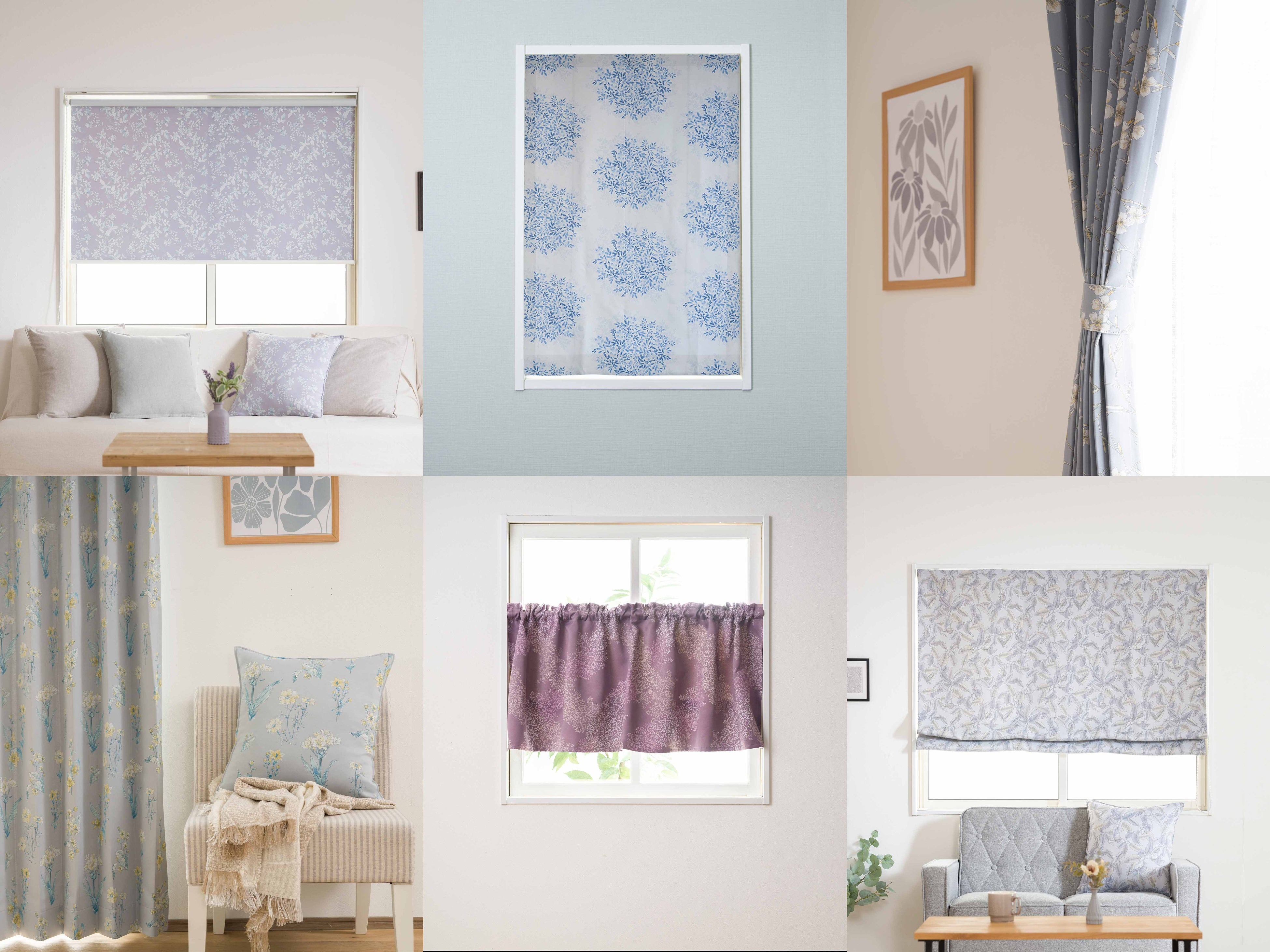 （左上より）「ラヴァンドゥ パピヨン」ロールスクリーン／「ドゥ ギィ」突っ張り棒シェード／「ビデンス」ドレープカーテン／「シャルダン」クッションカバー／「フィレ デ フルール」カフェカーテン／「フォイユ」ローマンシェード