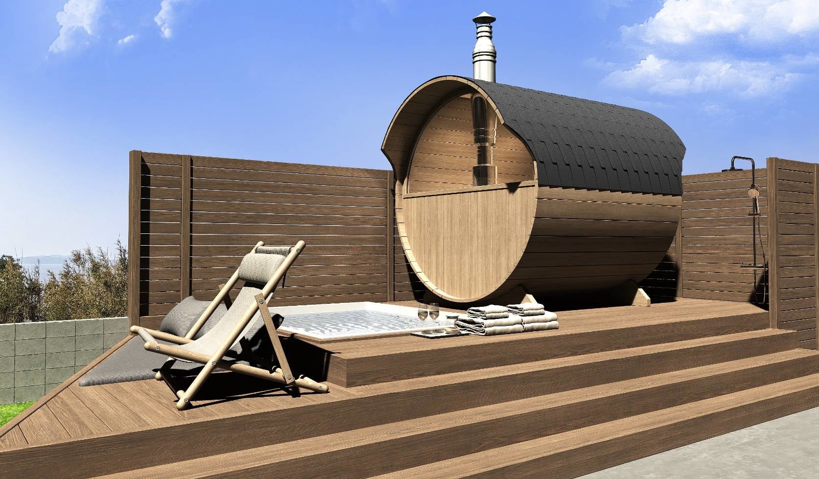 テラスのデッキに設置の露天風呂＆バレルサウナ。50m程歩いて、海で水風呂体験も可能でございます。
