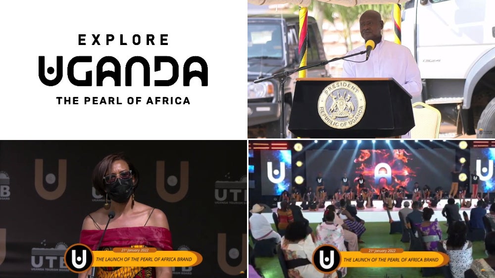 【写真】上段左：新ブランドのロゴイメージ、上段右：新ブランドの除幕式におけるヨウェリ・カグタ・ムセベニ大統領、下段左：ウガンダ政府観光局 CEOリリー・アジャロバ、下段右：除幕式の様子