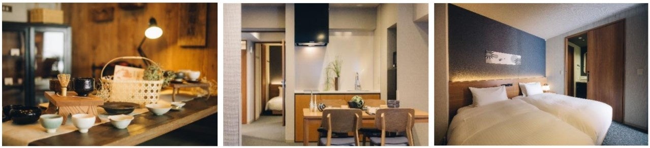 （左）「プレミアムルーム」客室内道具／（中央）客室（キッチン例）／（右）主寝室（プライベートバス付き）