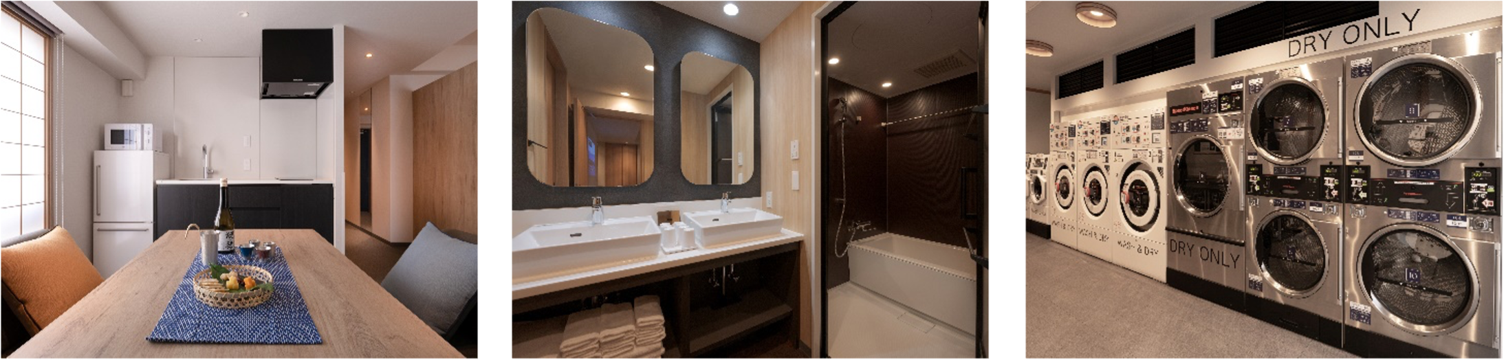 全室キッチン・ダイニングつき、ゆったりとした洗面・浴室、中長期滞在に便利なコインランドリー 。