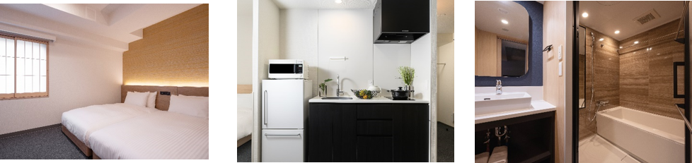  独立したベッドルーム、電子レンジ・食器・調理器具のあるキッチン、洗い場と湯船のあるバスルーム