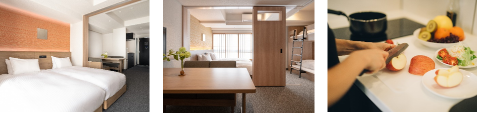 36㎡～79㎡の広い客室、広いリビング・ダイニング、調理器具の揃ったキッチン