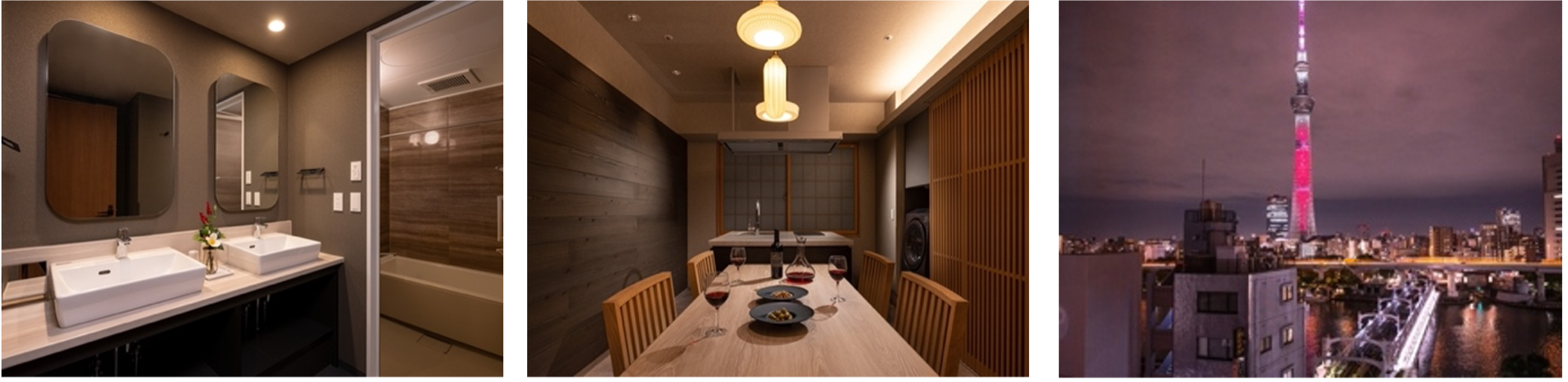 ゆったりした洗面・浴室、贅を尽くしたプレミアムルーム、リバーサイドの夜景