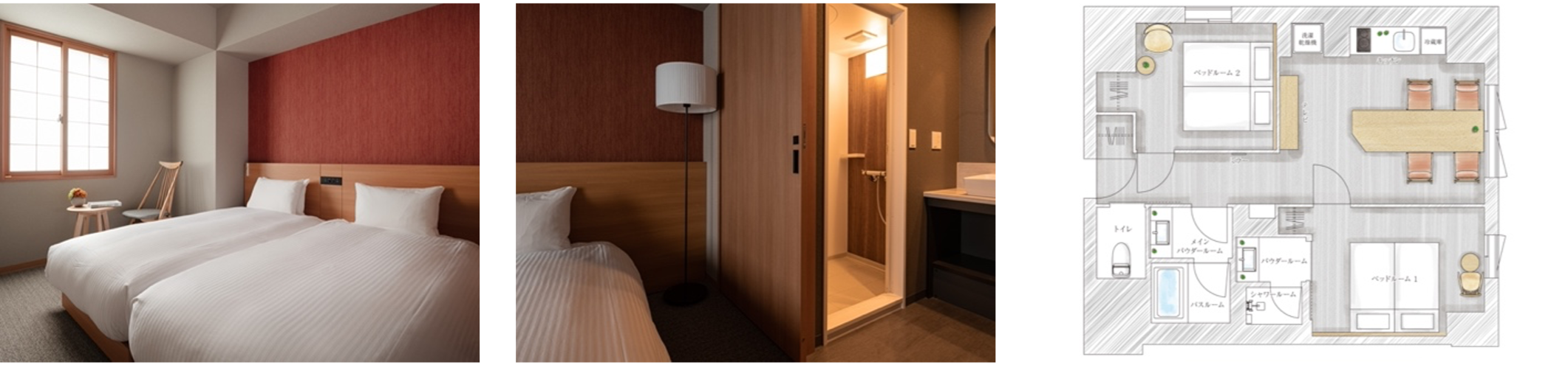 独立したベッドルーム、主寝室専用のバスルーム、間取り図