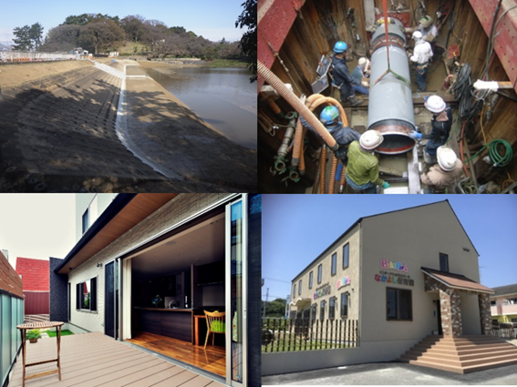 ナカミライズホールでイングスでは、公共土木事業（上段）、不動産事業（下段左）、保育事業（下段右）などさまざまな事業を展開している