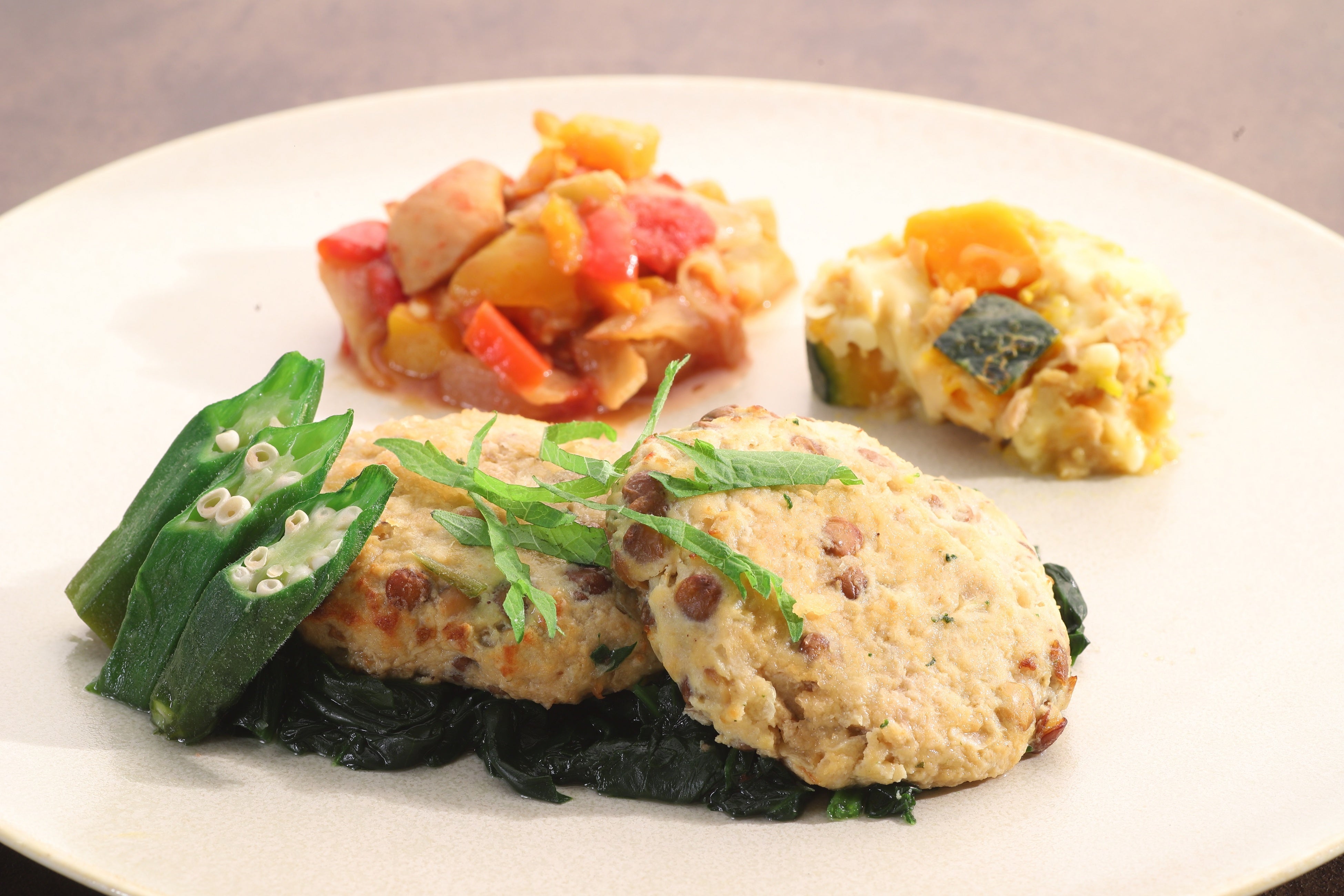 レンズ豆と高野豆腐のハンバーグ皿盛り