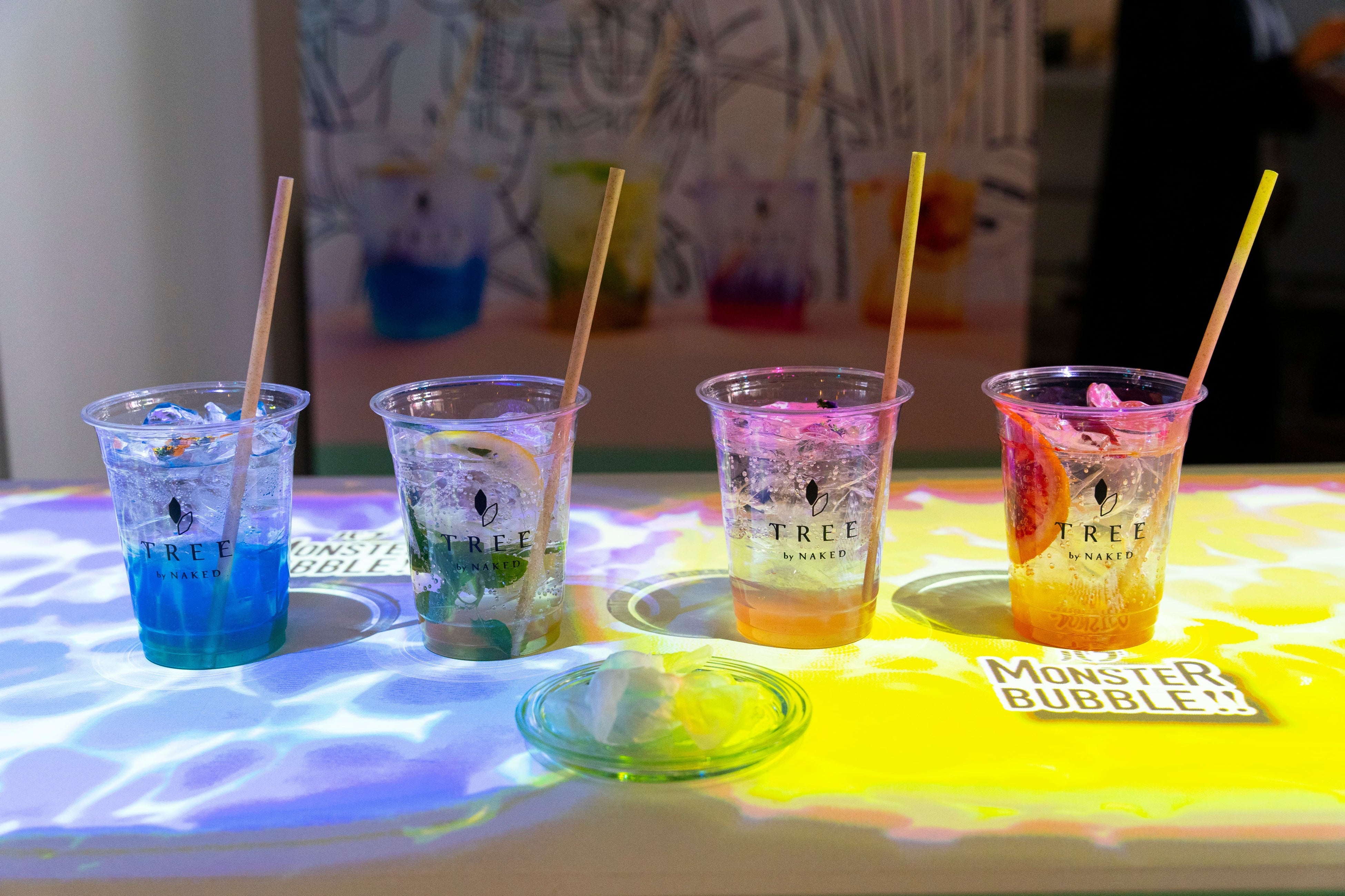 左から） ゆるんとクラッシュゼリーレモネード ／ かろやかグリーンティーモヒート ／ おだやかハーブレモネード ／ スッキリオレンジジンジャーエール