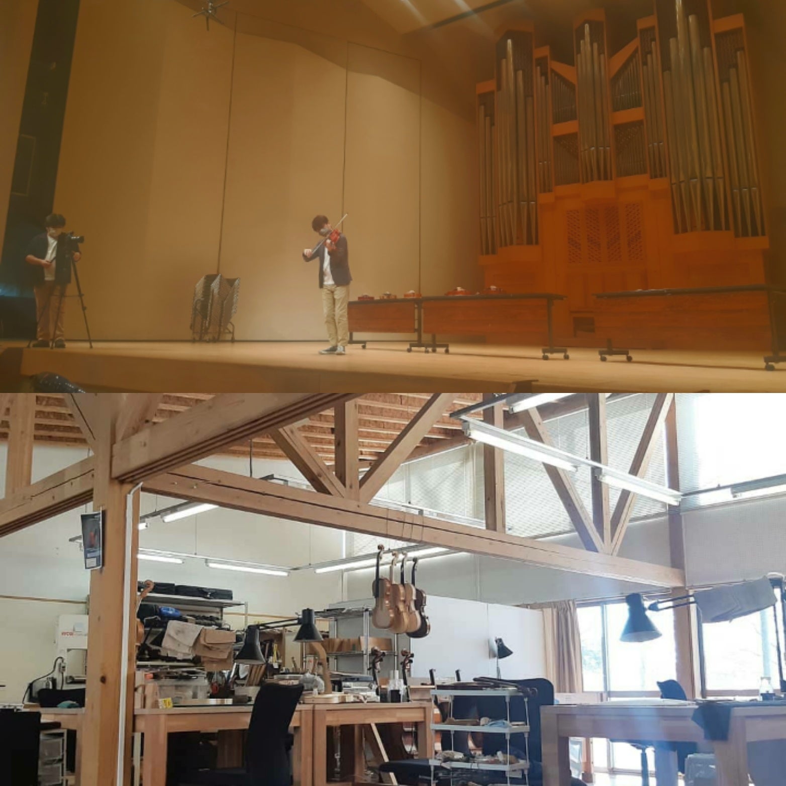 バッハホールと宮城キャンパスヴァイオリン製作室