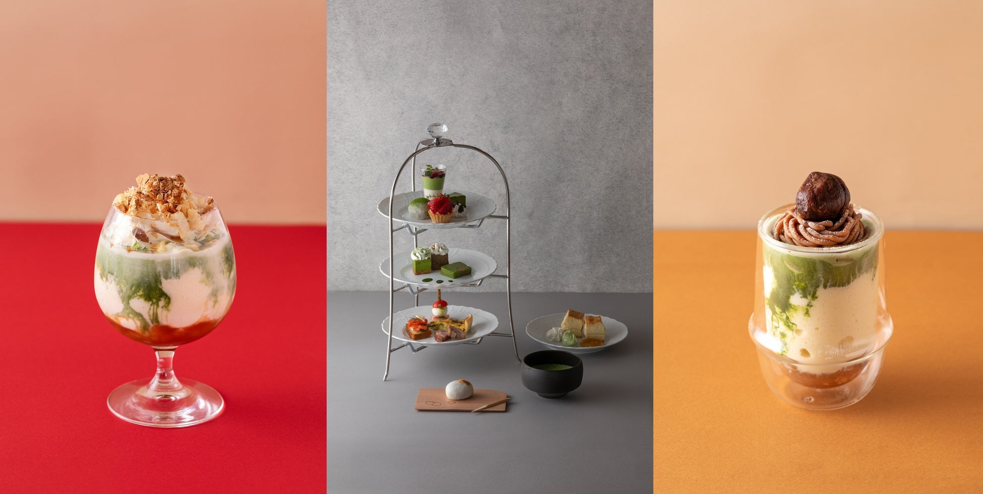 写真左より:「MATCHAアップルパイシェイク」「Ginza MATCHA Afternoon Tea」「MATCHAキャラメルモンブラン」
