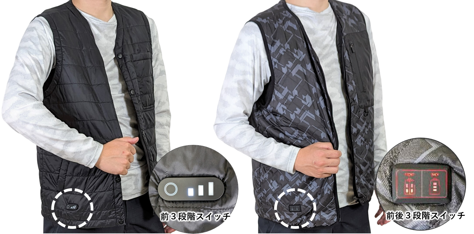 左図：ヒーター内蔵ベスト、右図：ダブルヒーター内蔵ベスト