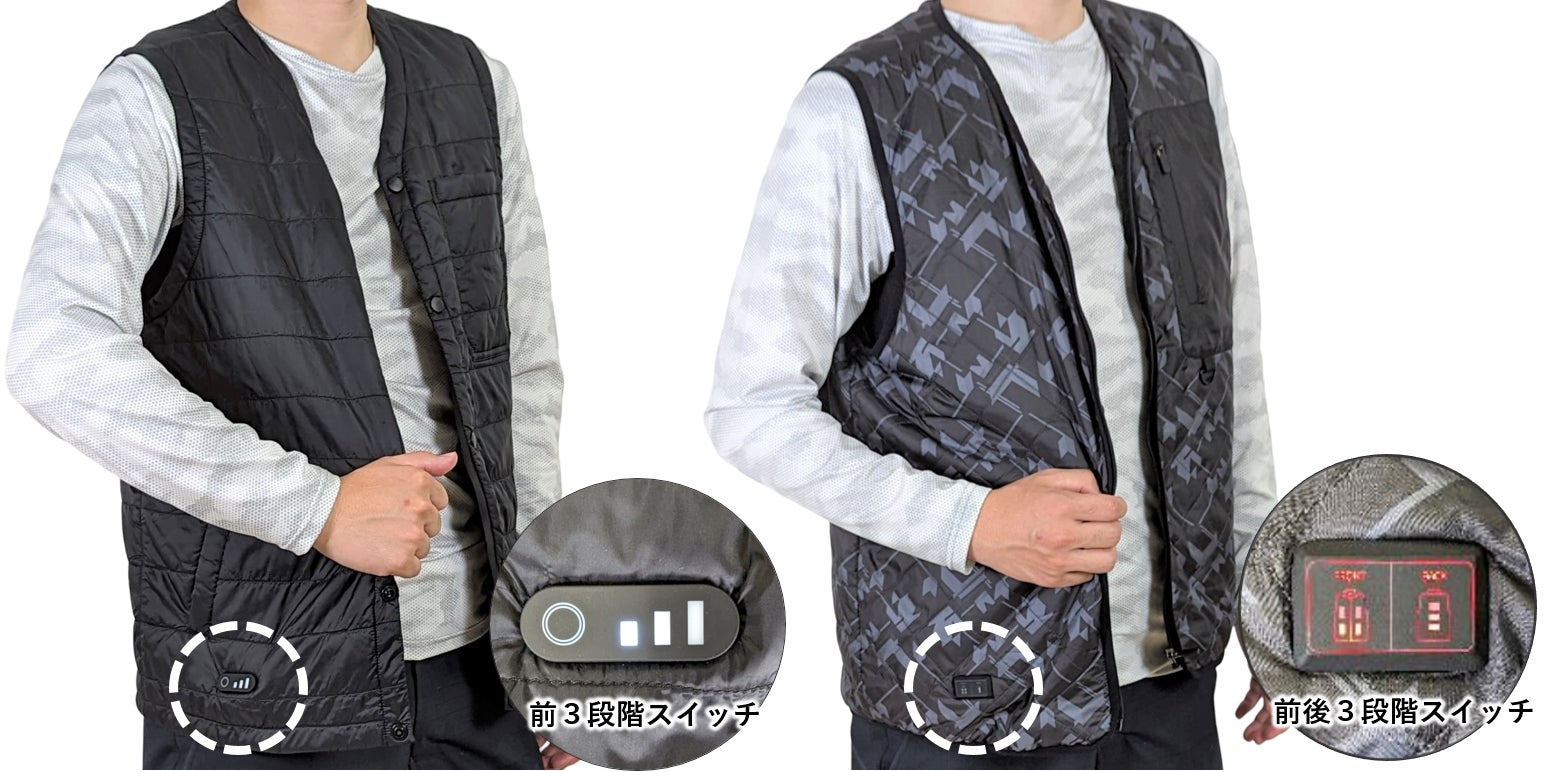 左図:ヒーター内蔵ベスト、右図:ダブルヒーター内蔵ベスト