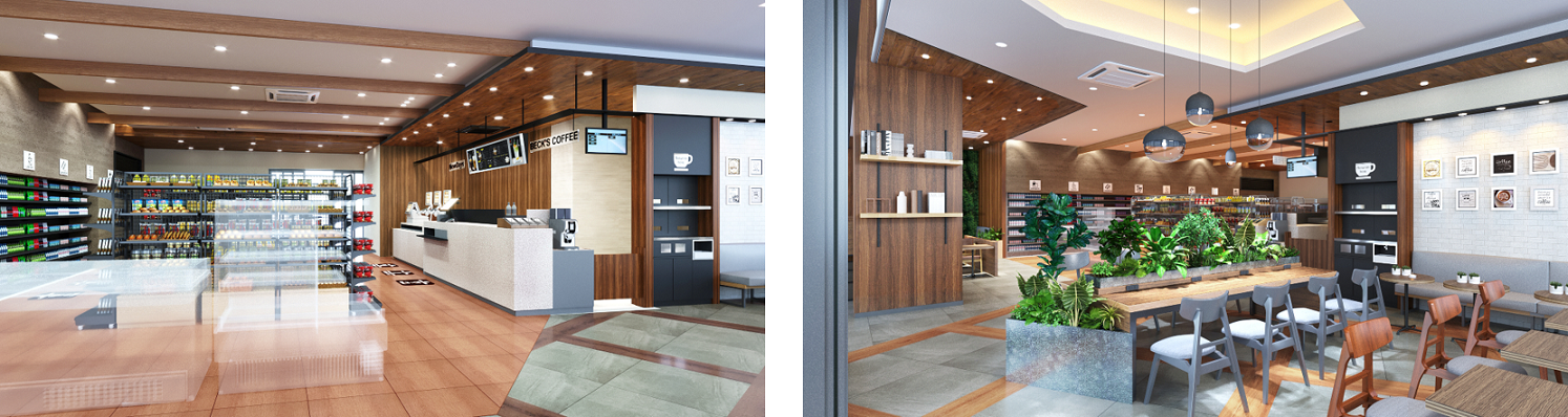 NewDaysの売り場イメージ　　　　　　　　　　　　　　　ベックスコーヒーショップの客席イメージ　