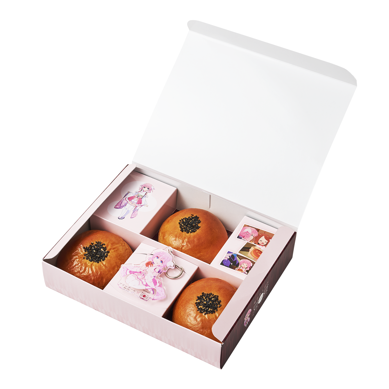 灰桜BOXには、 限定キーホルダー１個と人気の北海道つぶあんぱん3個が 入ってます