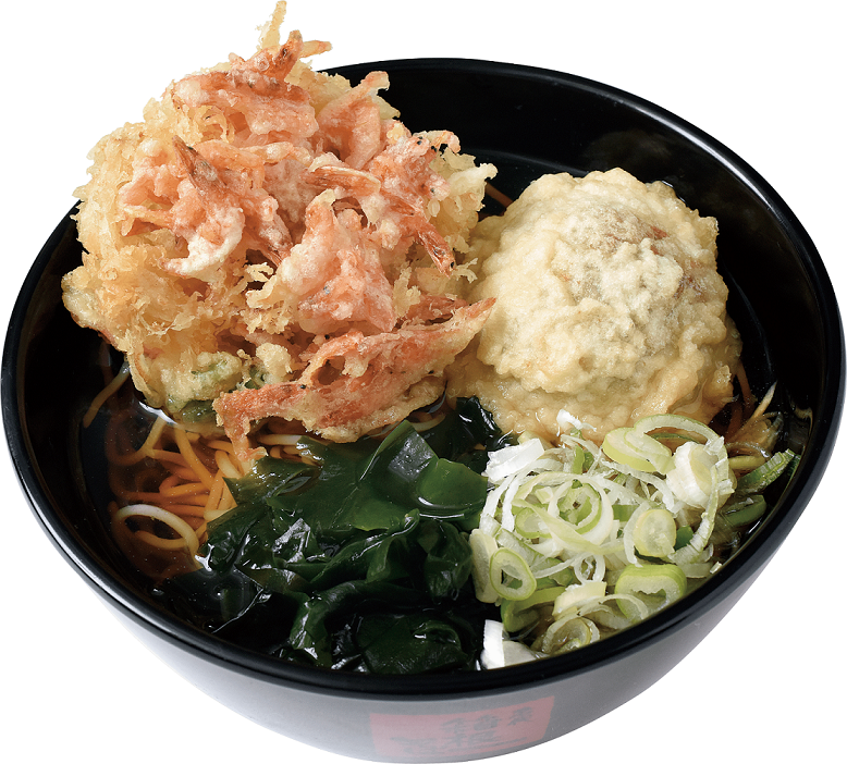 ⑤桜海老のミニかき揚げ天と ドデカ肉団子天そば （単品620円）