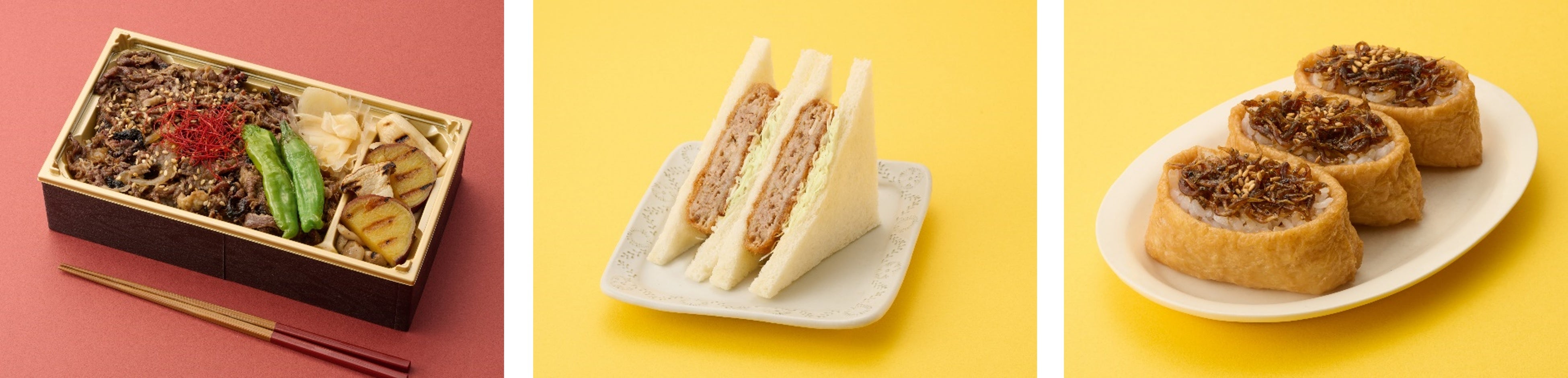 （左）肉卸小島　（中央）サンドイッチハウス メルヘン　（右）いなり専門店 豆狸