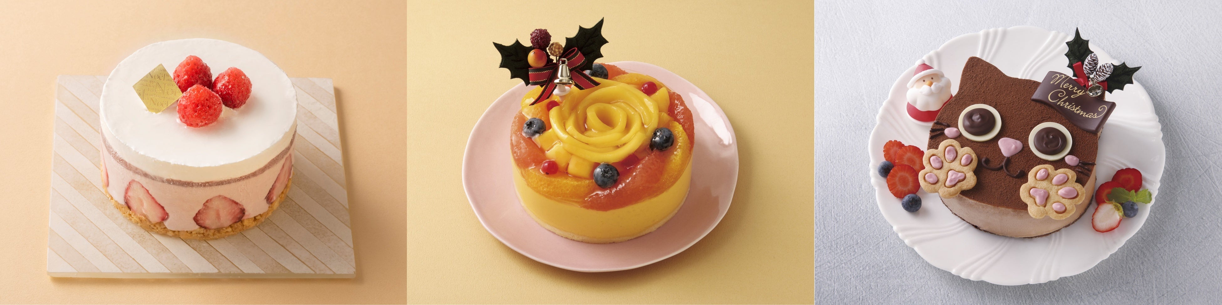 （左）「苺のジェラートケーキ」（4,600円）ハスキージェラート（エキュート大宮）  （中央）「クリスマスマンゴームース」（3,780円）京橋千疋屋（エキュート品川）  （右）「ネコ型ケーキ」（4,950円）パティスリーアンドゥ（エキュート日暮里）