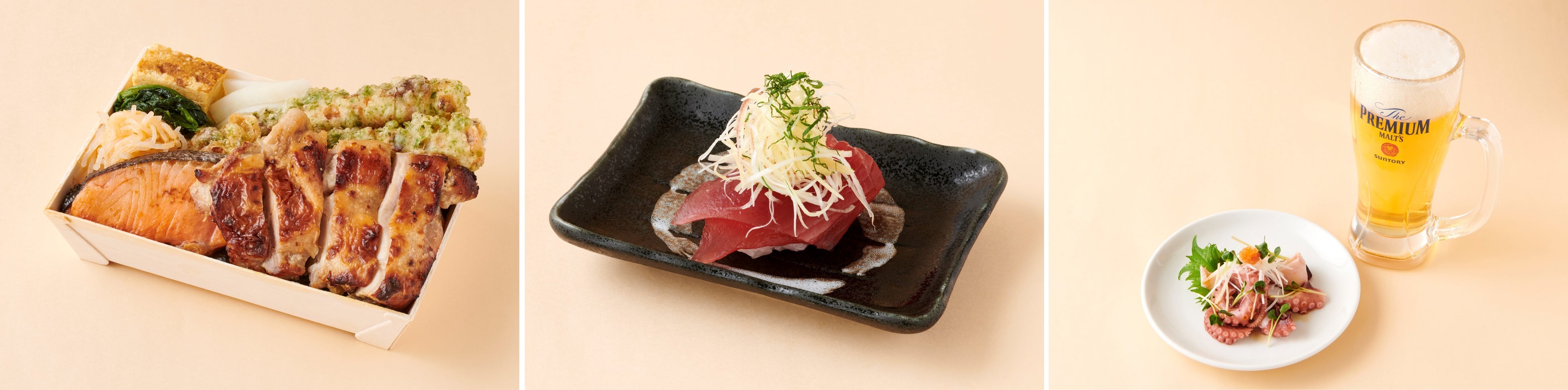 【左】刷毛じょうゆ 海苔弁山登り／【中】立食い寿司 根室花まる／【右】FUKAHIRE fin-fin