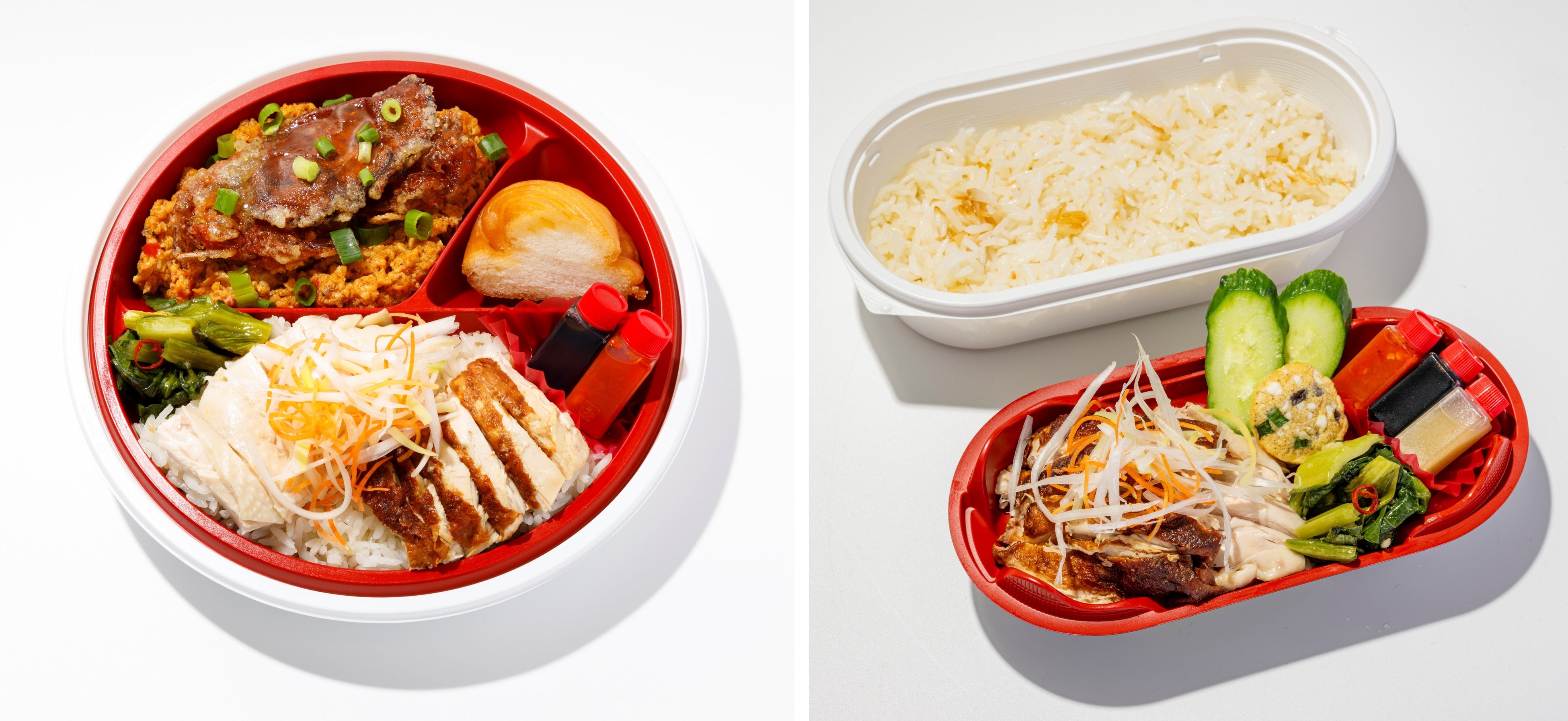 Mr.Chicken鶏飯店　（左）チリクラブが入った贅沢チキンライスミックス弁当／1折 1,512円　（右）シンガポールチキンライスMIX（蒸し＆揚げ鶏）／1折 1,048円