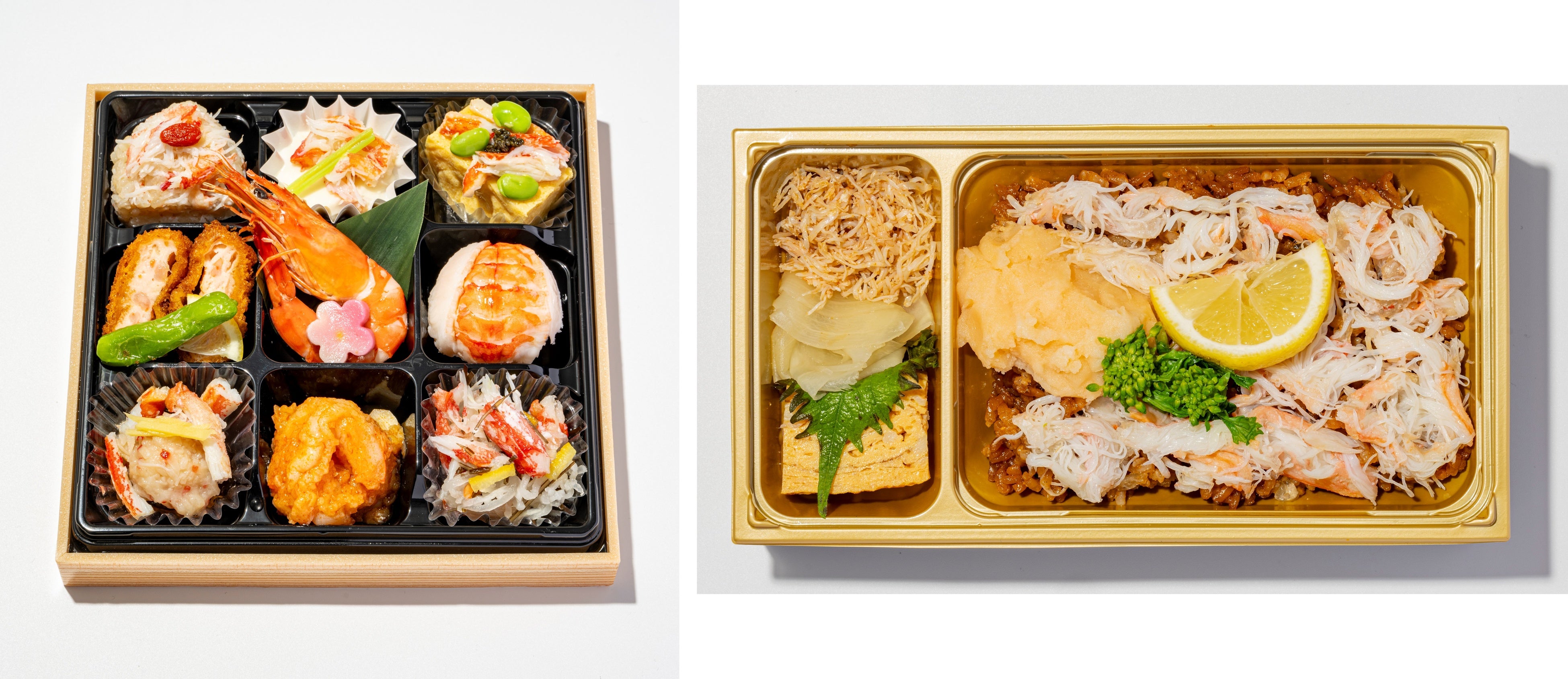 うぶか　（左）「特選」うぶかの海老蟹お弁当／ 1折 3,240円　（右）うぶかの蟹飯／1折 1,296円