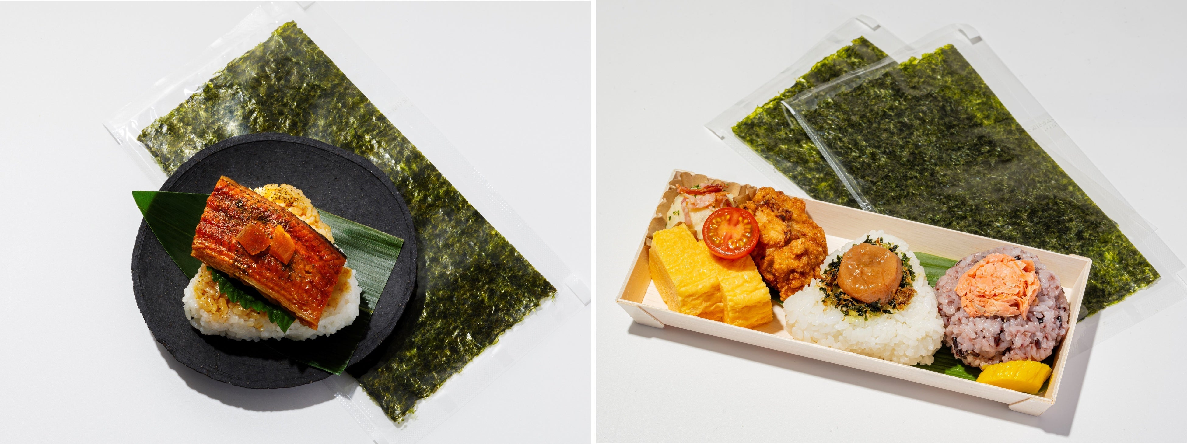 TARO TOKYO ONIGIRI　（左）静岡県産うなぎ 奈良漬け添え／1個 720円　（右）日替わり弁当／1折 780円