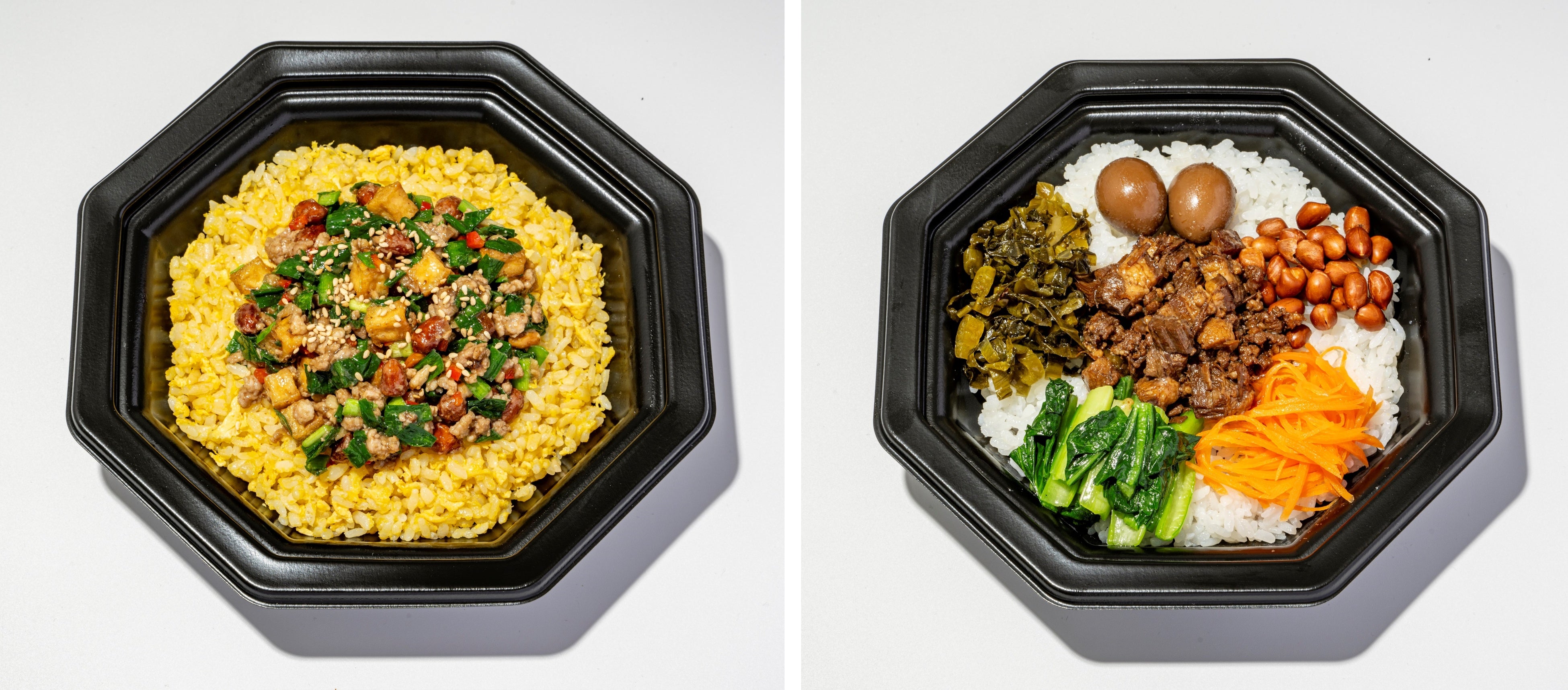 台湾料理専門店 台湾１０１　（左）蠅頭炒飯／1折 880円（テイクアウト）　（右）台湾魯肉飯／1折 880円（テイクアウト）、950円（イートイン）