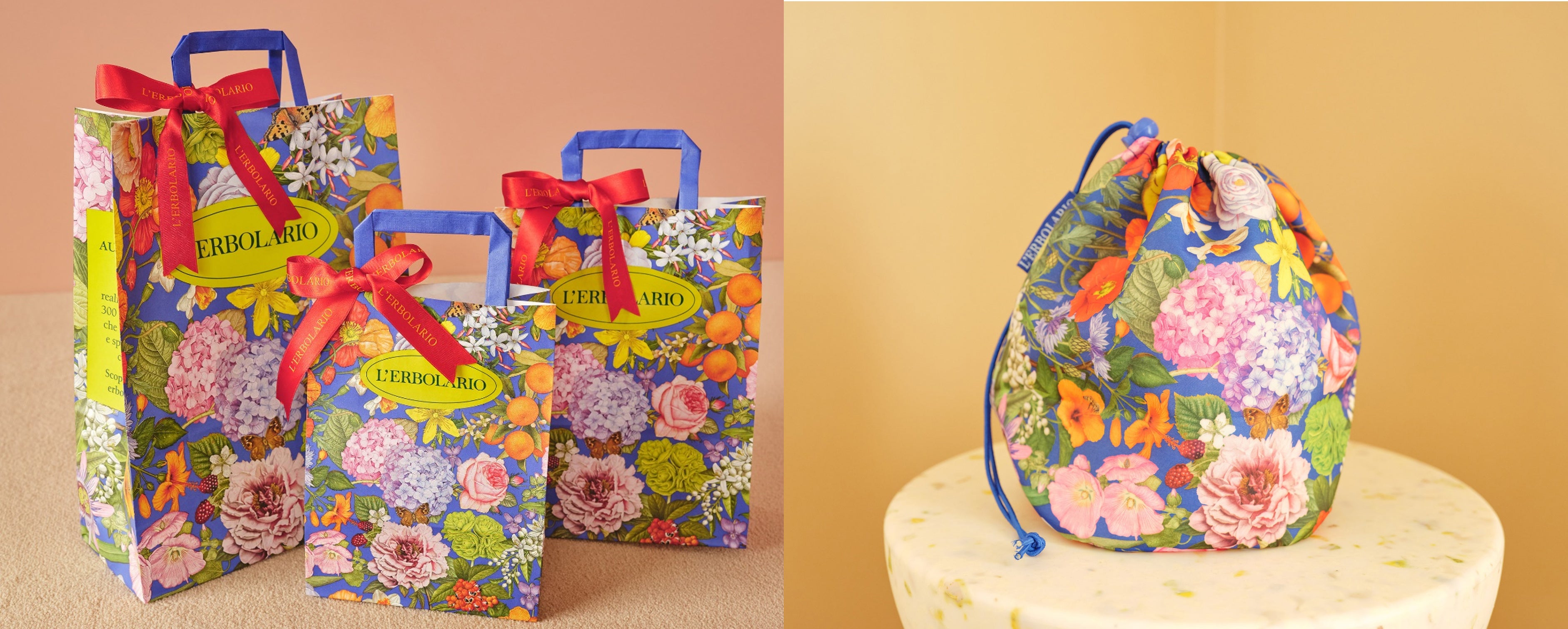 イタリアらしいカラーリングが美しいと大変ご好評いただいているショッピングバッグと、同柄の巾着ポーチ