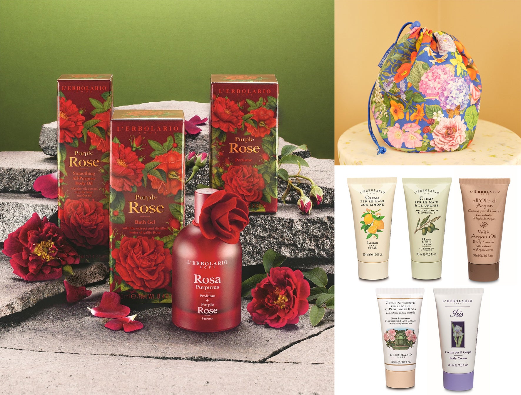 写真左:ローザ プルプレアコレクション イメージビジュアル 写真右:1 周年キャンペーンのノベルティの巾着ポーチ(上)と、ミニクリーム(下)