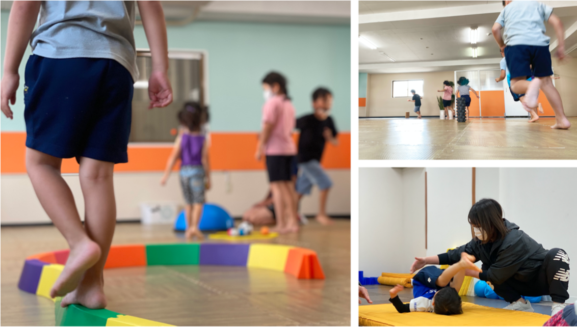 手足の動作が複雑なスキップ、足裏から小脳を刺激する平均台のほかマット運動やボールを使った運動など、様々なプログラムの中に脳の前頭葉や小脳を効果的に刺激を促す動きを取り入れています。