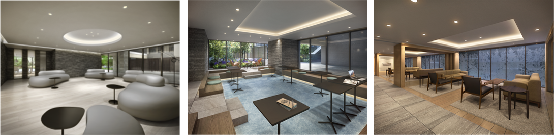 左：ステーションサイド（Dブロック）ラウンジ完成予想CG／中央：イーストコア（Cブロック）スタディスペース完成予想CG／右：パークサイド（B-1ブロック）ラウンジ完成予想CG