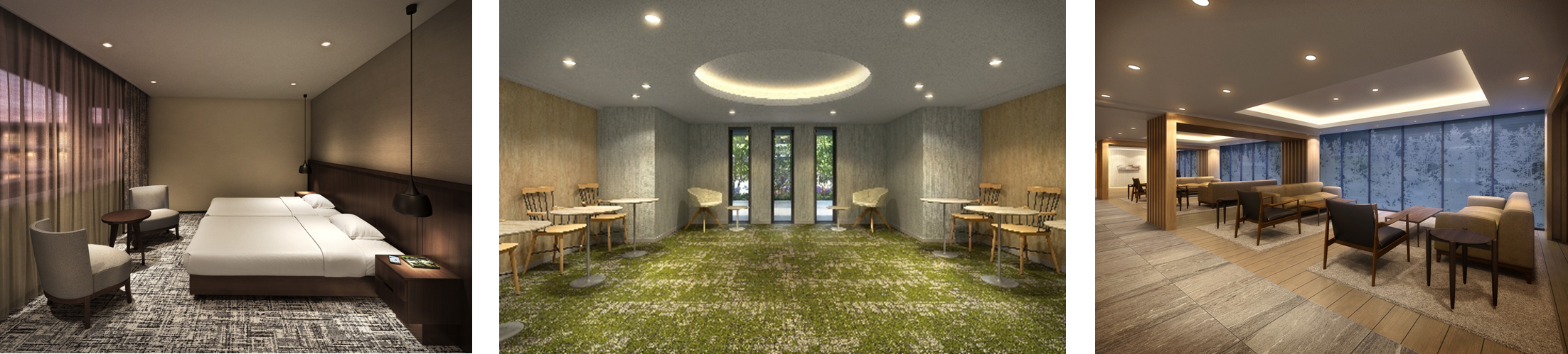 左：ゲストルーム完成予想CG／中央：B-1ブロックスタディスペース完成予想CG／右：B-1ブロックラウンジ完成予想CG