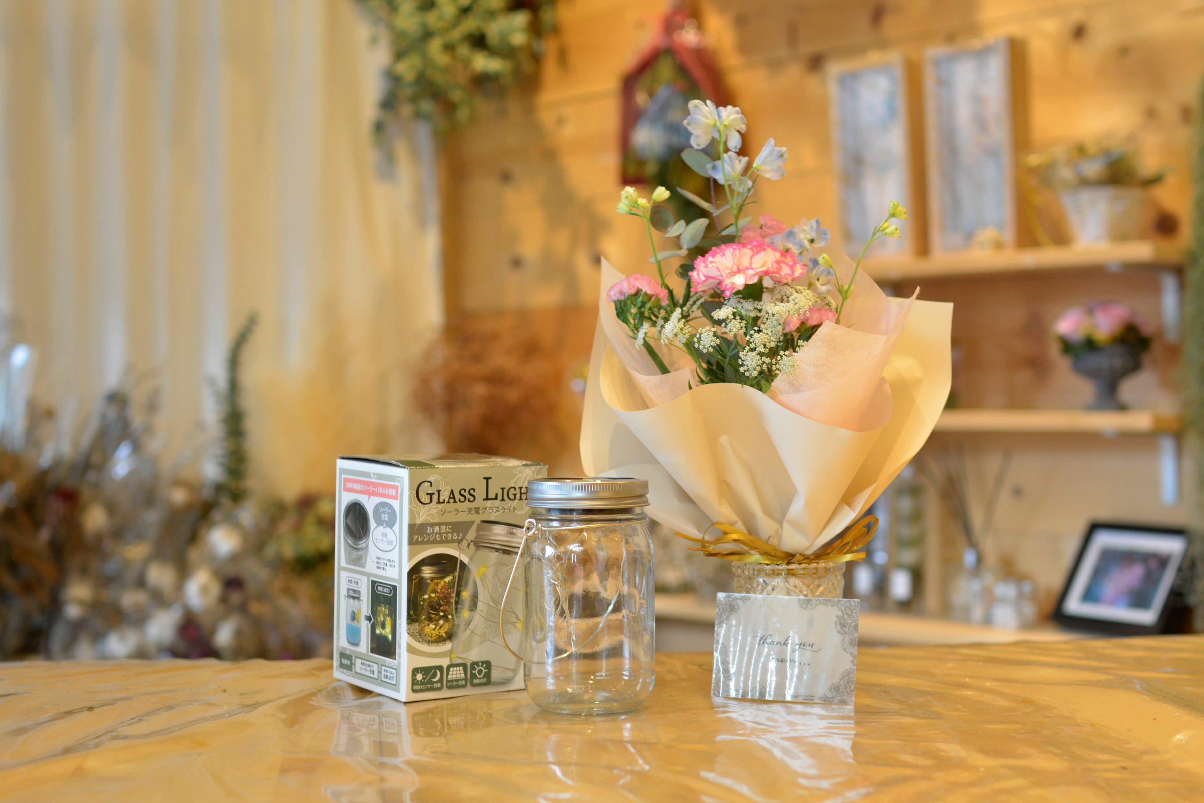 ミニブーケ（生花）＋ソーラー充電グラスライトのセット