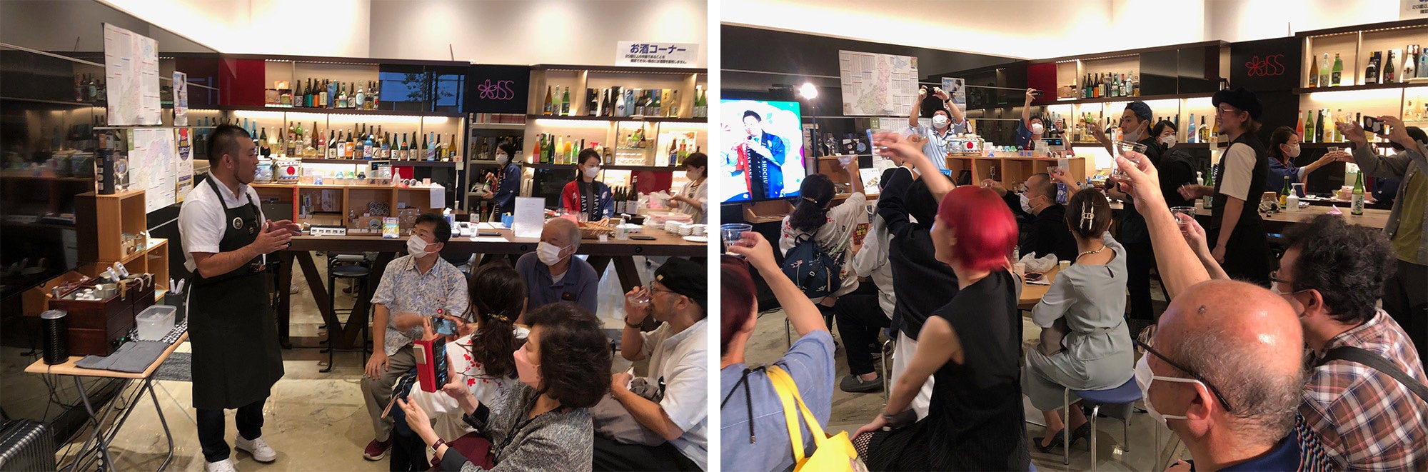 日本酒の情報館での燗酒セミナーと一斉乾杯の様子