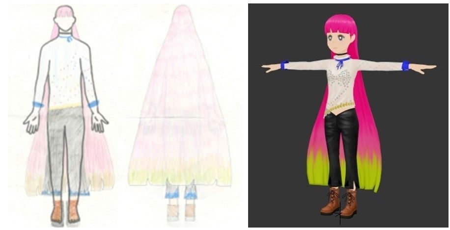 審査会で2位に輝いた作品のデザイン画とVR化されたアバター