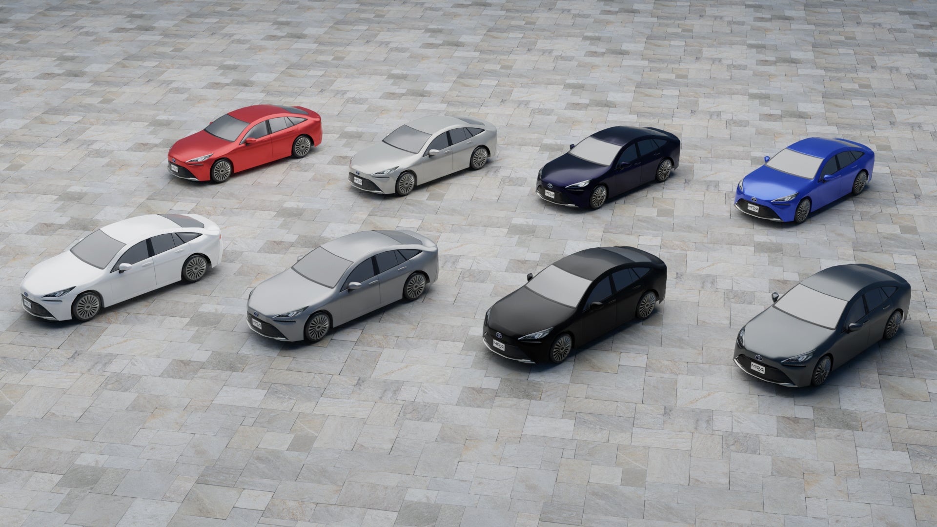 展示する「MIRAI」のカラーバリエーション ※画像の配置はイメージです。実際は展示されている1台の車が8色に変化します。