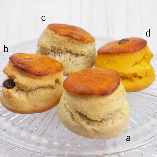 a.プレーン b.イチジク胡桃 c.アールグレイポピーシード d.メープルパンプキン 各324円 各1個、日本製