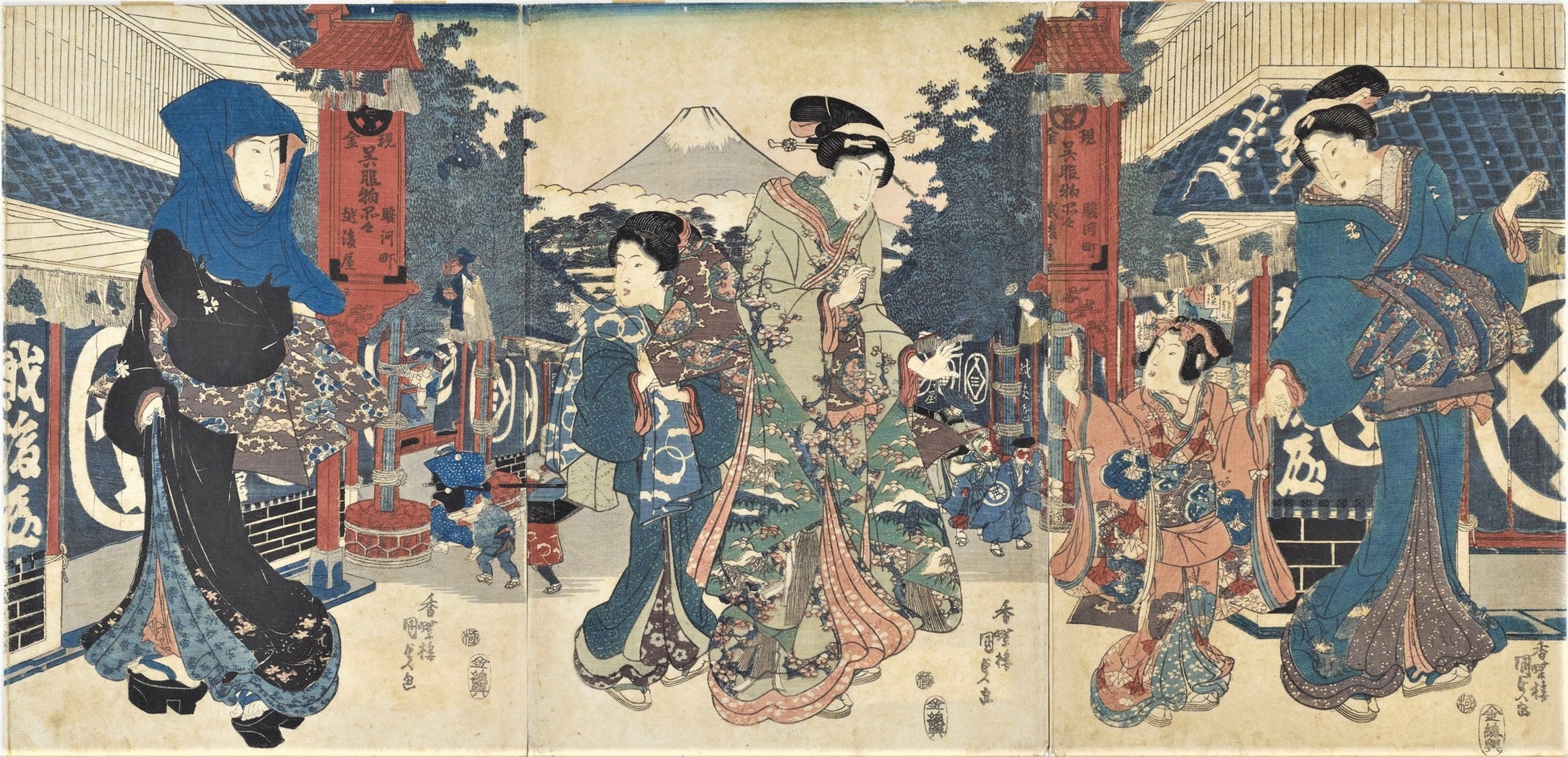 作品名 越後屋前の三美人 歌川 国貞作(1830〜44年)提供 (株)三越伊勢丹ホールディングス