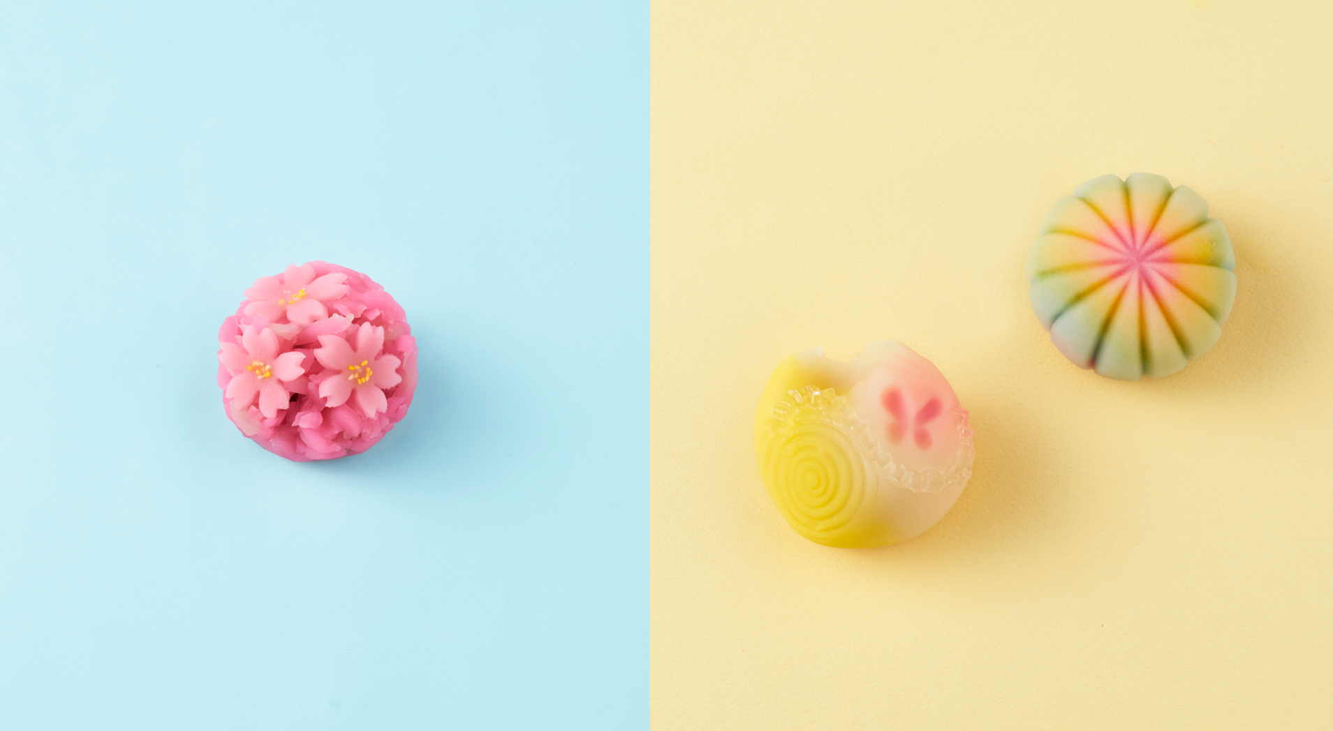 左から＜京菓子司 俵屋吉富＞花紅(はなくれない)＜各日15点限り＞486円(1個) ＜森八＞バタフライエフェクト 、未来への架け橋＜いずれも各日15点限り＞　各540円&nbsp;(1個)