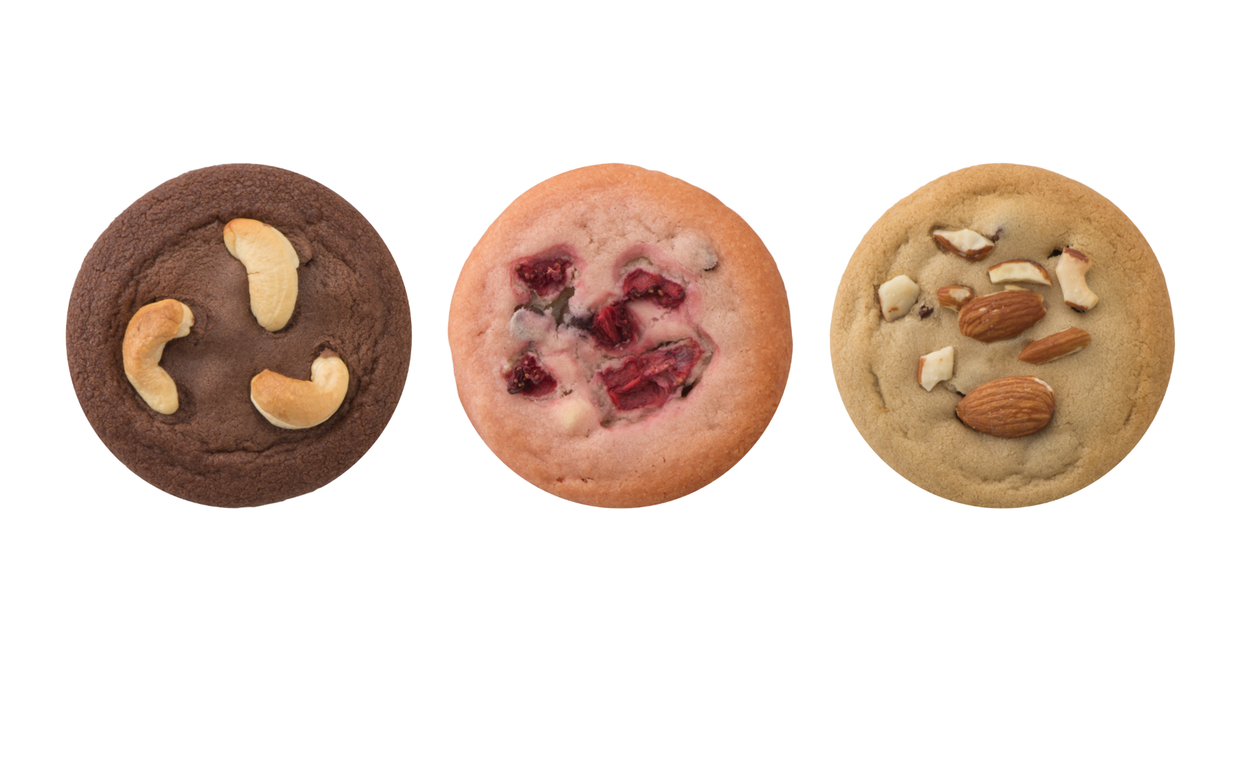 窯出しカントリーマアム(左からココア、いちご、バニラ)各270円 (1個)