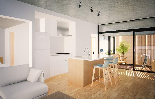 住戸内イメージパース（玄関側のLDKと連続する位置に屋外空間を取り込んだ住戸）