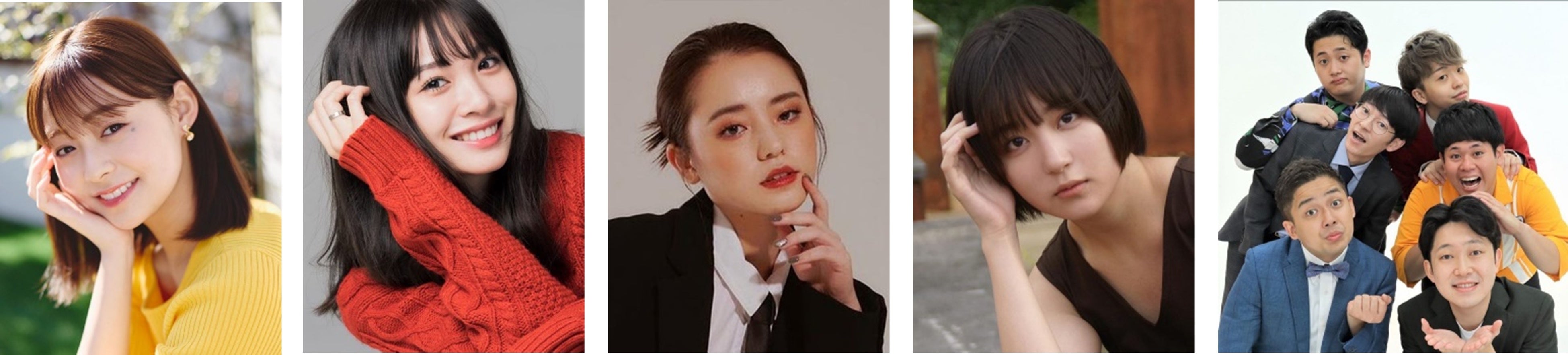 （左から）田﨑さくら、中川紅葉、東あさか、南野巴那、泥水すすり隊（上からサンタモニカ、マーブルB、世界クジラ）