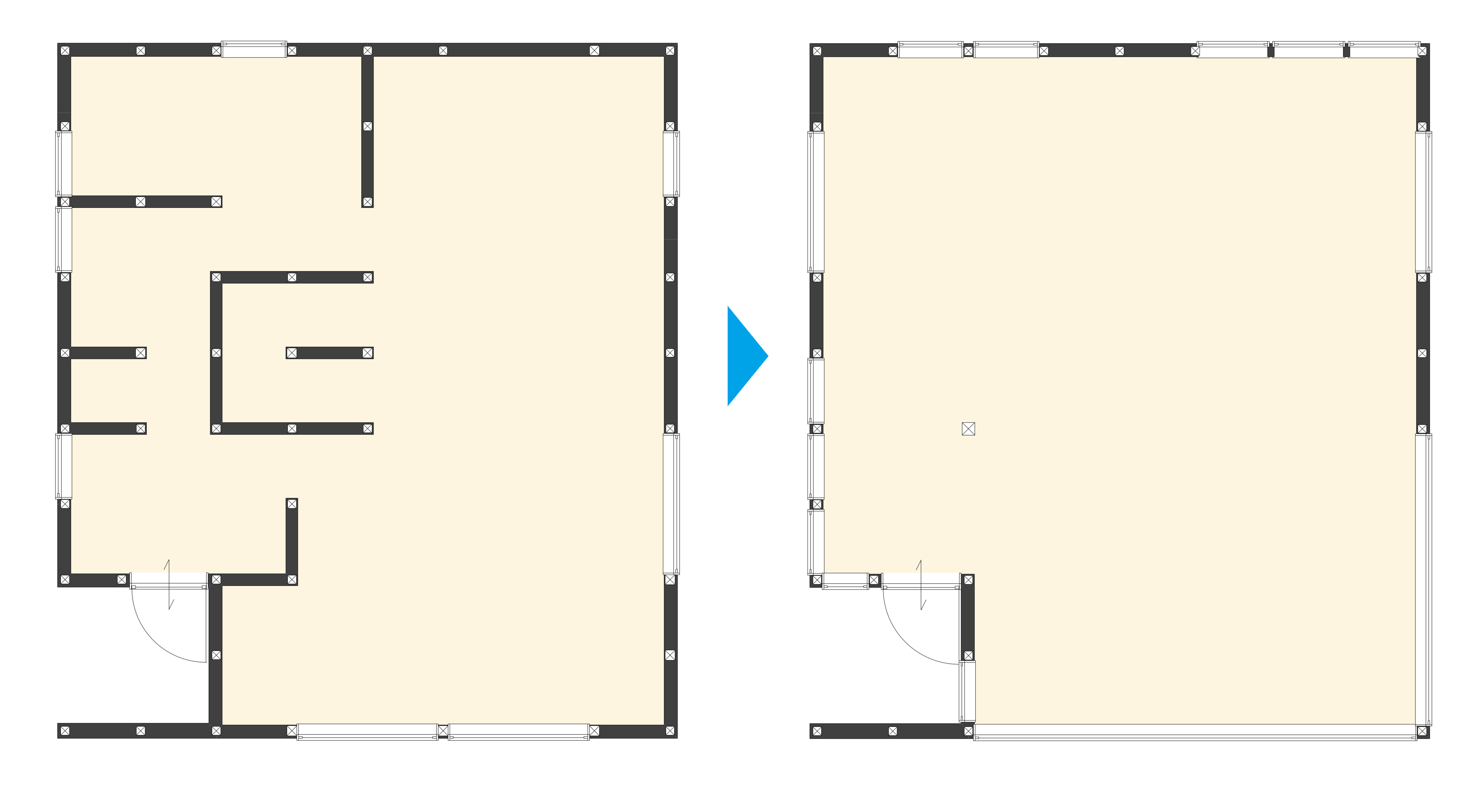 左：一般的な鉄、RC、木造住宅の壁量の例