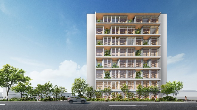 来年4月完工予定の新社屋となる 8階建て純木造ビル外観イメージ