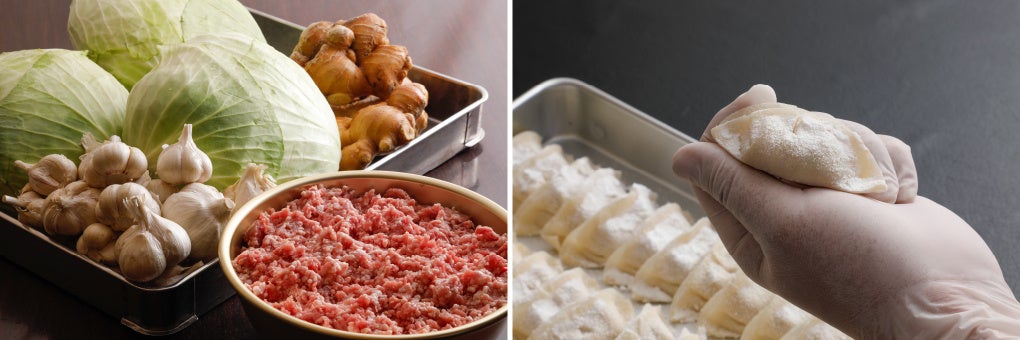 厳選した国産豚肉と国産野菜を使用／熟練した技術で餃子をつくります