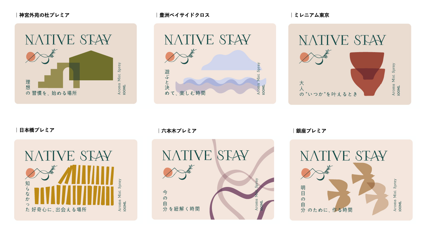 それぞれのホテルのコンセプトを表現した ファブリックスプレーラベル