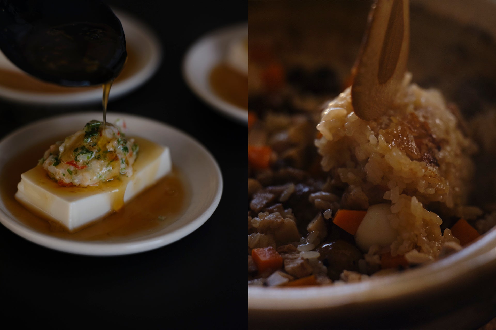 海老豆腐蒸し しょうがあんかけ（左）、中華おこわ（右）