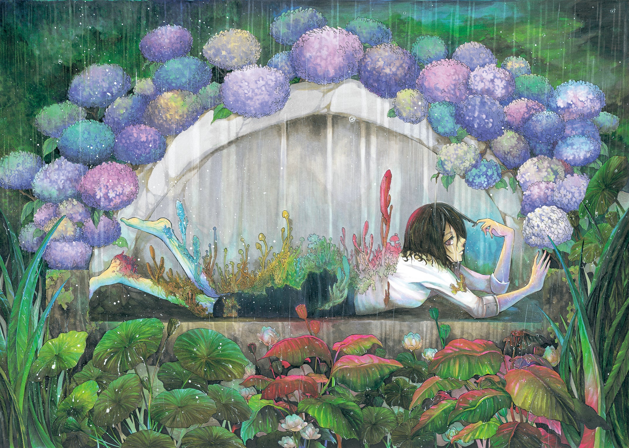 Scene3　蓮の葉、熱帯植物、あじさい、濡れた肌、光を受けた肌、濡れた髪、水をふくんだシャツ