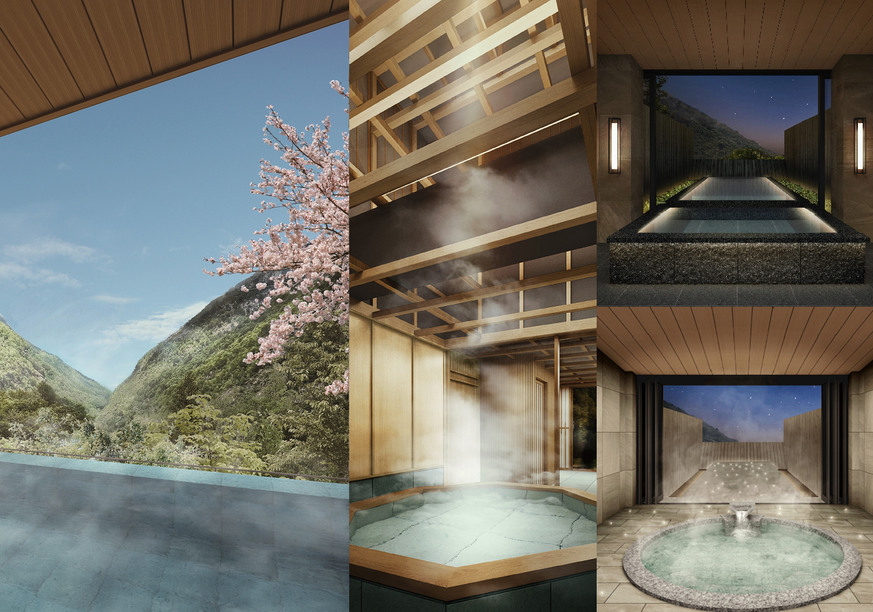 左：川音の湯、中央：静寂の湯、右上：水面の湯、右下：明灯の湯